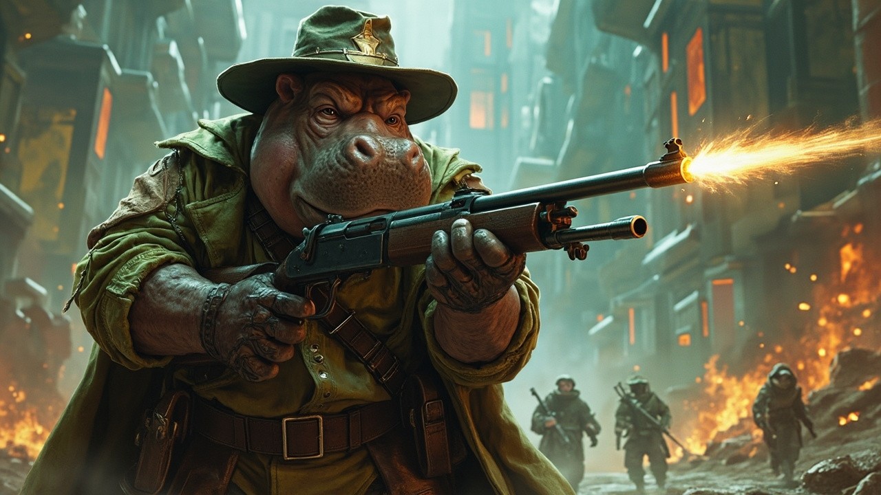 Hippo in Colonial Outfit with Magical Rifle in Fantasy