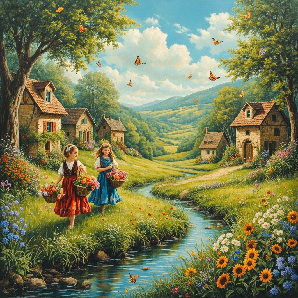 Idyllic Village Scene with Flowers and Traditional Dwellings