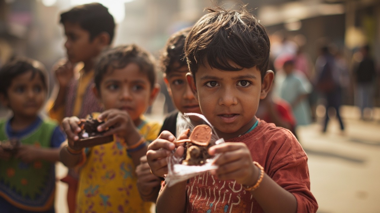 Indian Children Enjoying Chocolates on the Street
