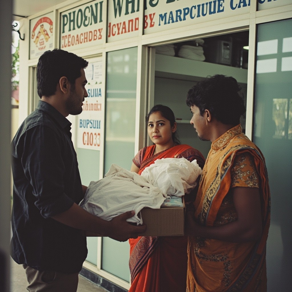 Indian Family Receiving Delivery from Phoenix White Laundry