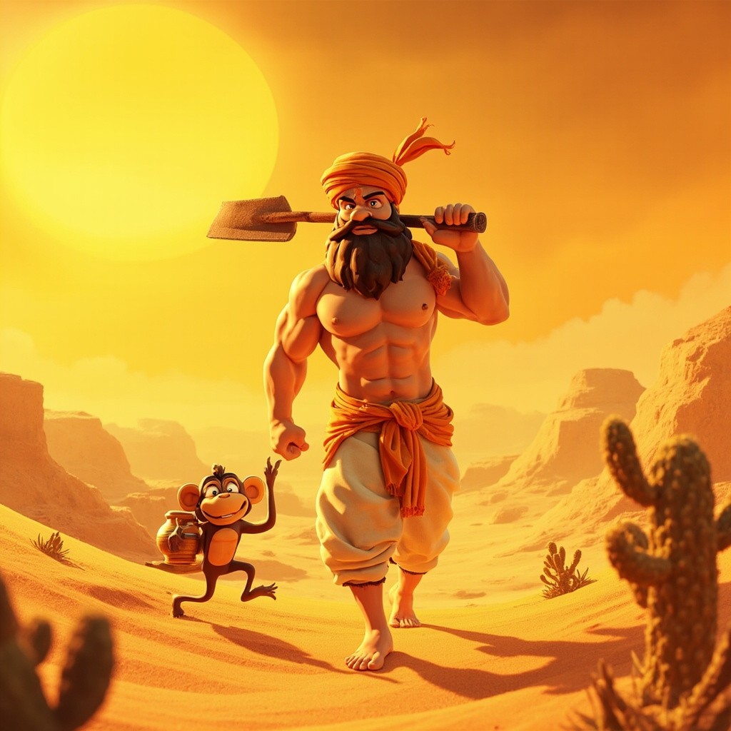 Indian Farmer and Monkey's Fun Journey in Desert