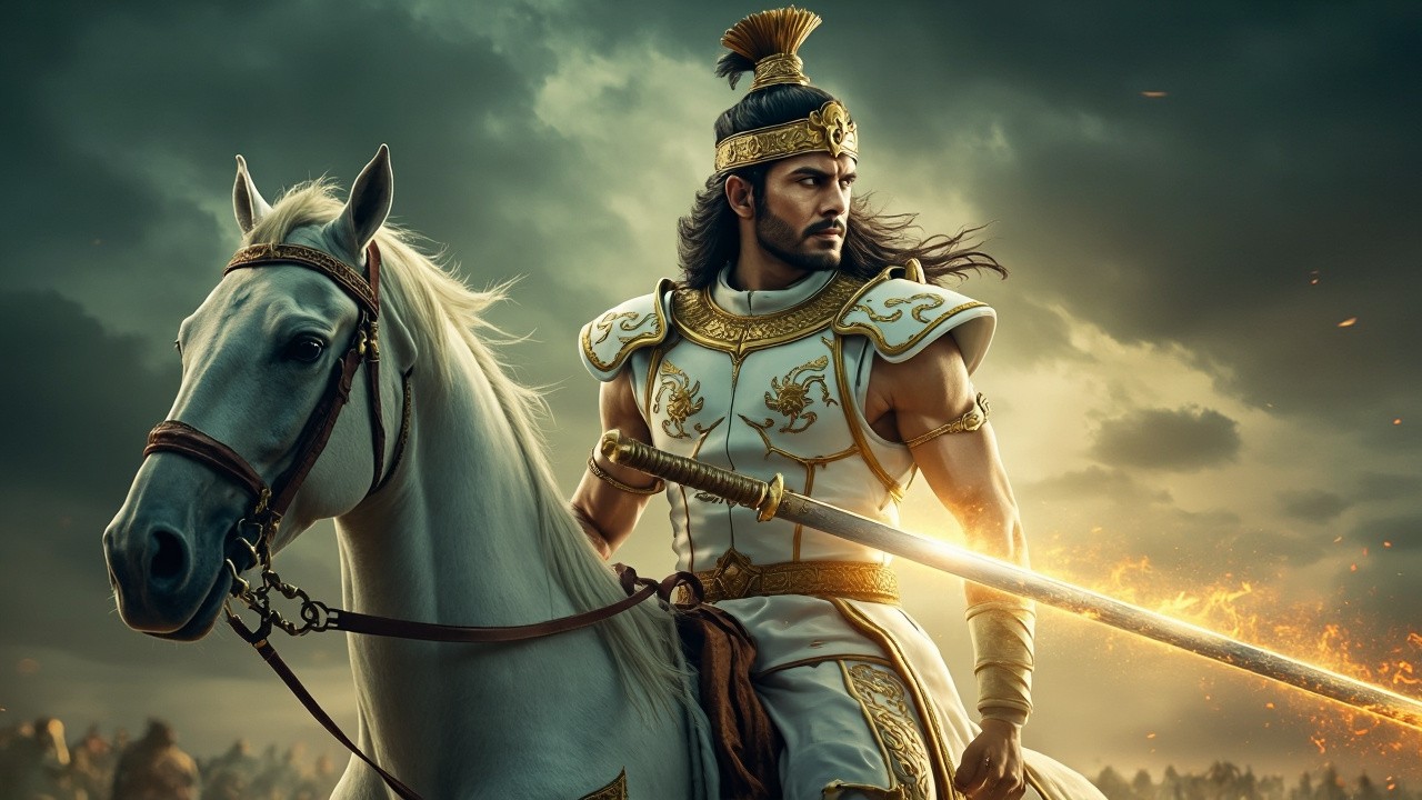 Indian Warrior with Glowing Sword on Battlefield