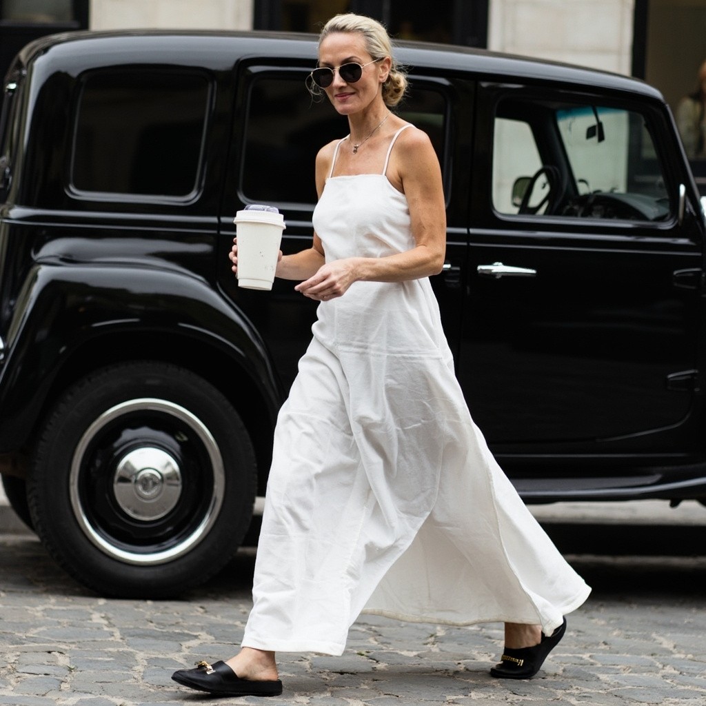 Influencer Strolls Past Classic Car with Coffee