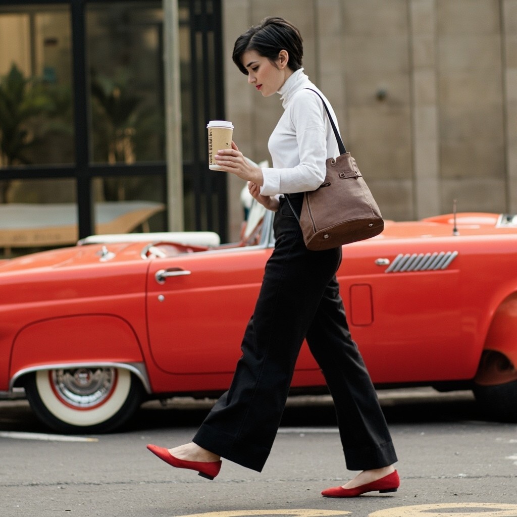 Influencer Struts Past Red Thunderbird with Coffee