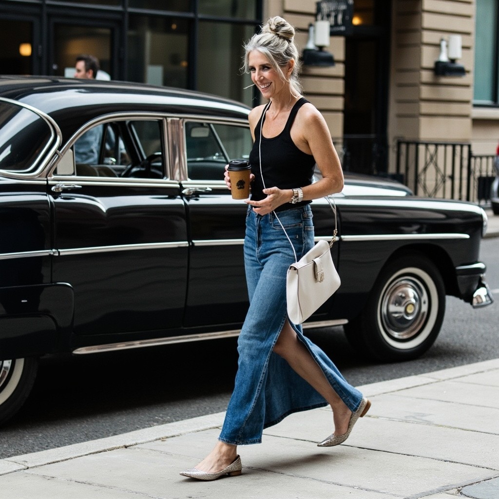 Influencer Walking by Classic Car with Coffee
