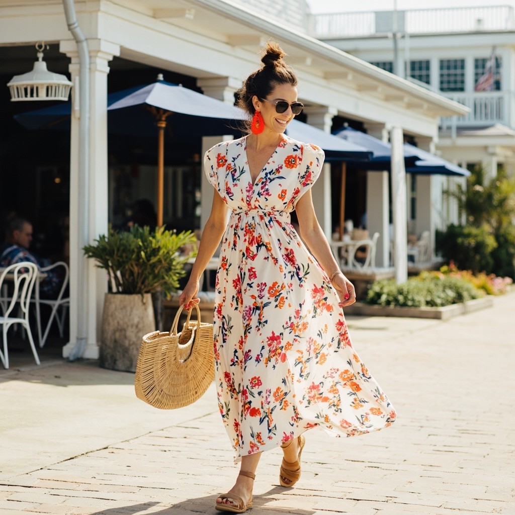 Influencer Walking by Hamptons Beach Restaurant