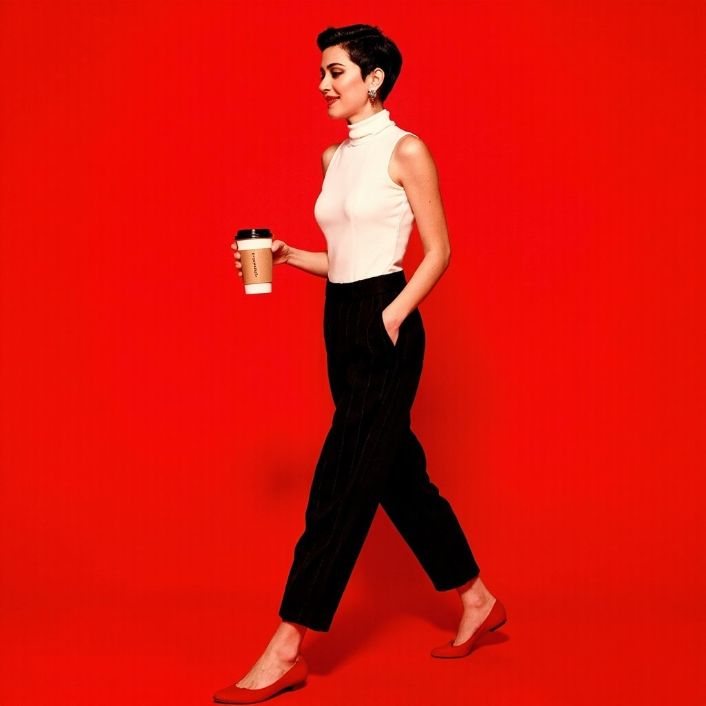 Influencer Walking with Coffee by Red Car