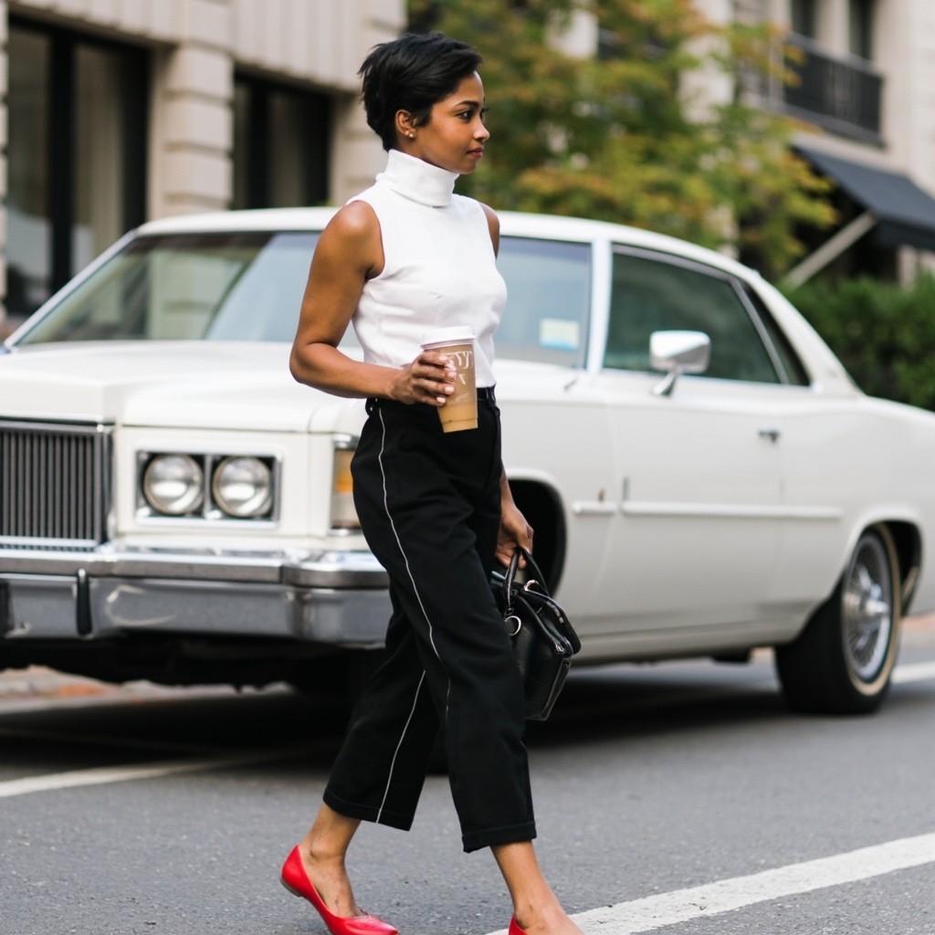 Influencer With Coffee Striding Past Classic White Car