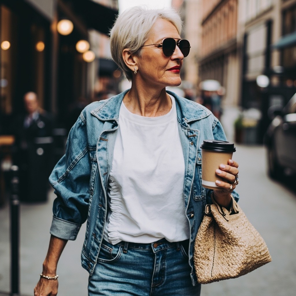 Influencer Woman Strolling in City with Coffee