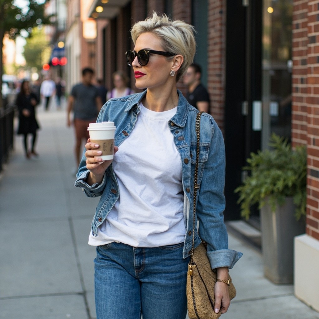 Influencer Woman Strolling in City with Coffee
