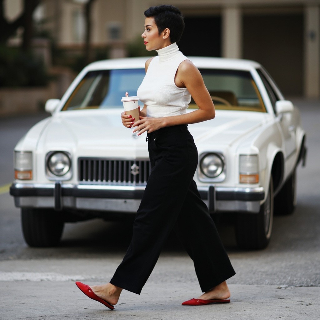 Influencer with Coffee Striding Past Classic Car