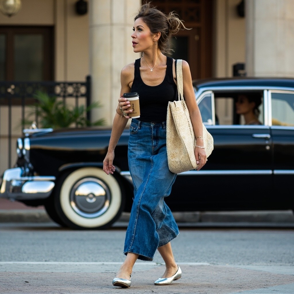 Influencer with Coffee by Classic Car in Denim Outfit