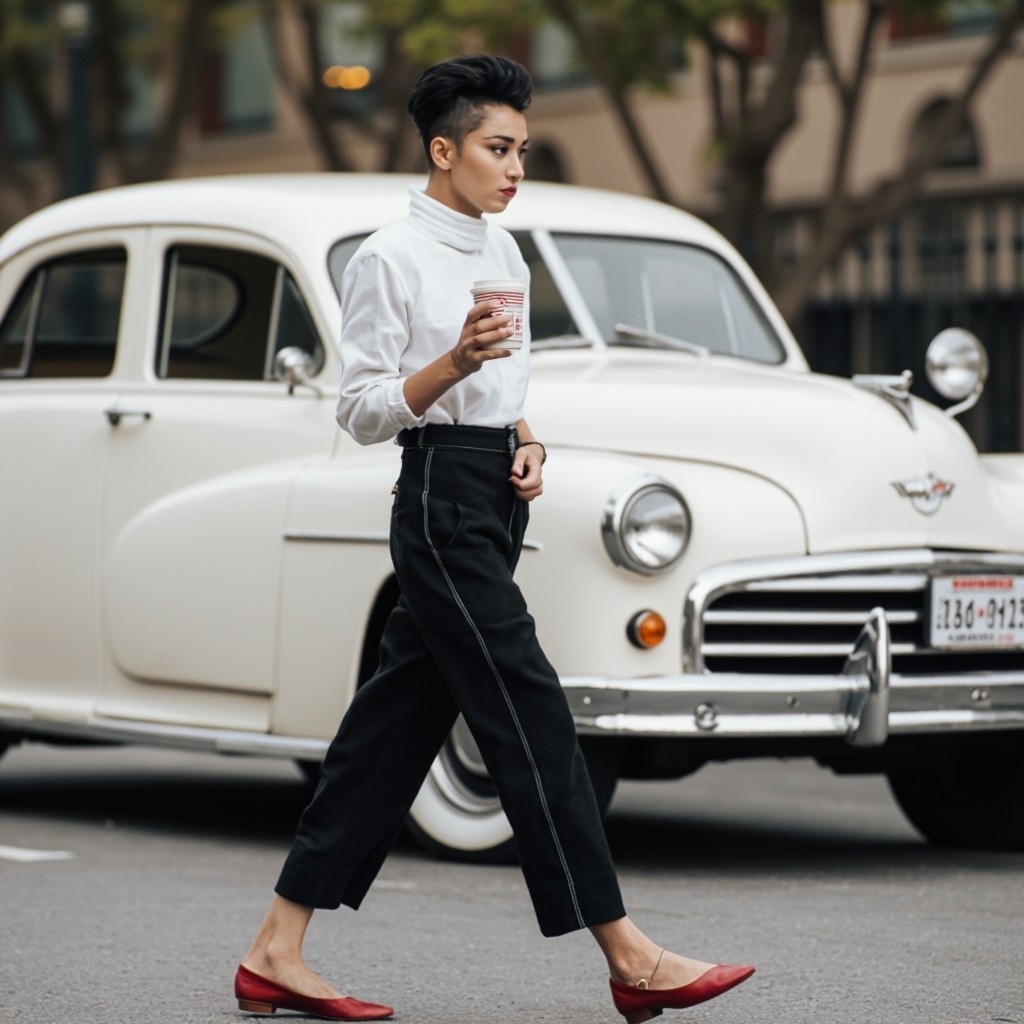 Influencer with Coffee by Classic Car in Stylish Outfit