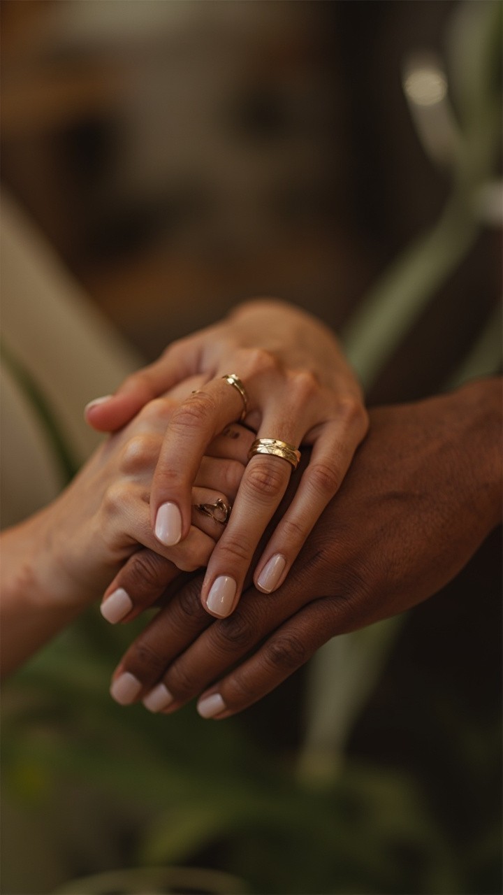 Intertwined Hands Displaying Wedding Rings in Serenity