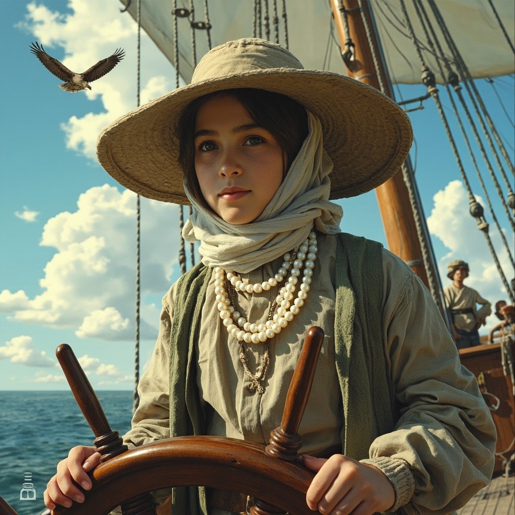Iranian Girl with Pearl Necklace Steering a Ship