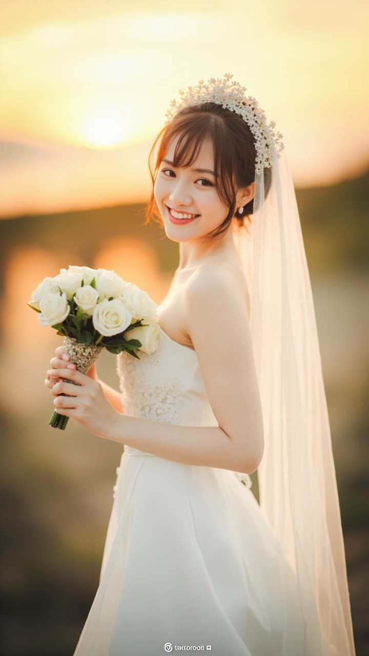 Japanese Bride Smiling in Sunset Scenery