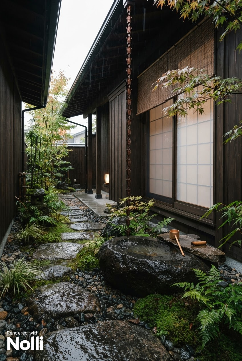 Kyoto Townhouse Courtyard with Timber Lattice Facade & Stone