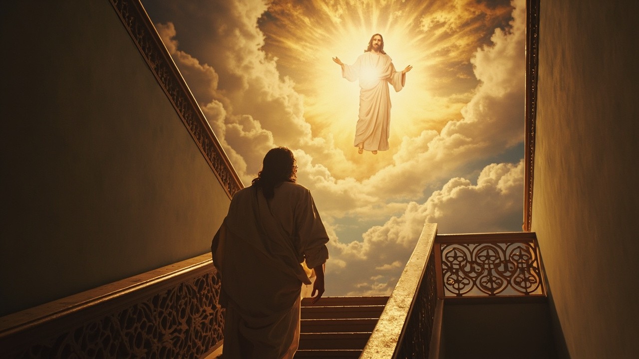 Jesus Descending Stairs Seeking Person in Heaven