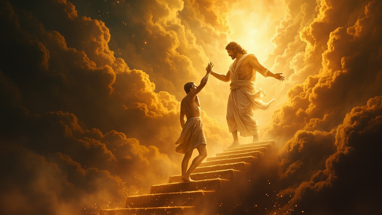 Jesus Descends Stairs to Embrace a Person in Heaven