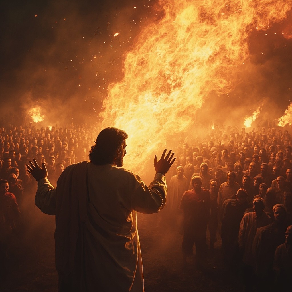 Jesus Watching Millions of People with Fiery Spirit