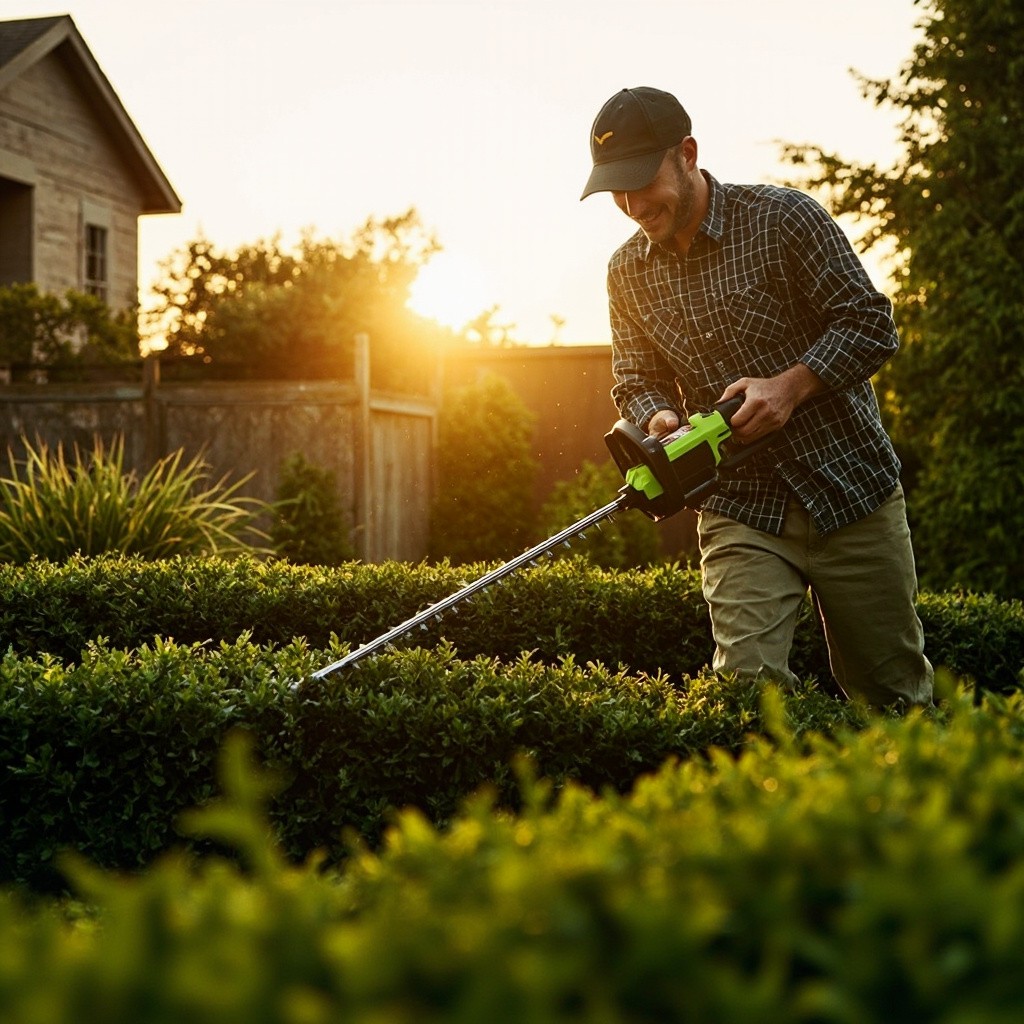 John Shapes Garden with Cordless Trimmer at Sunrise
