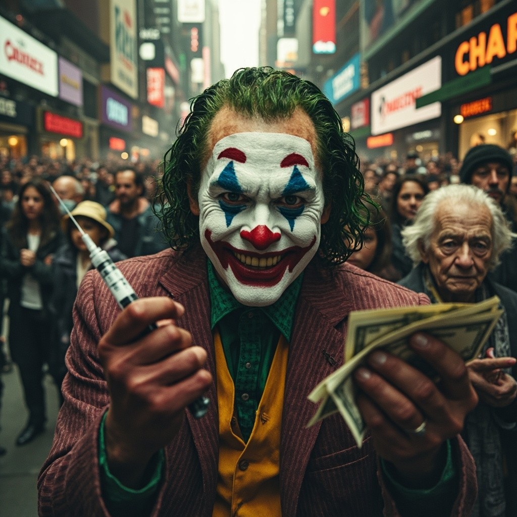 Joker Smiling with Syringe and Money in Busy City
