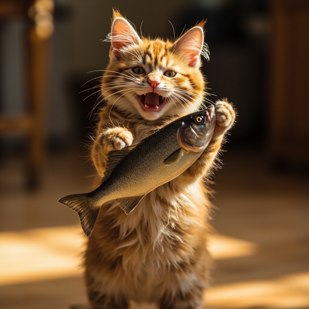 Joyful Cat Holding Fish Tail in Daylight