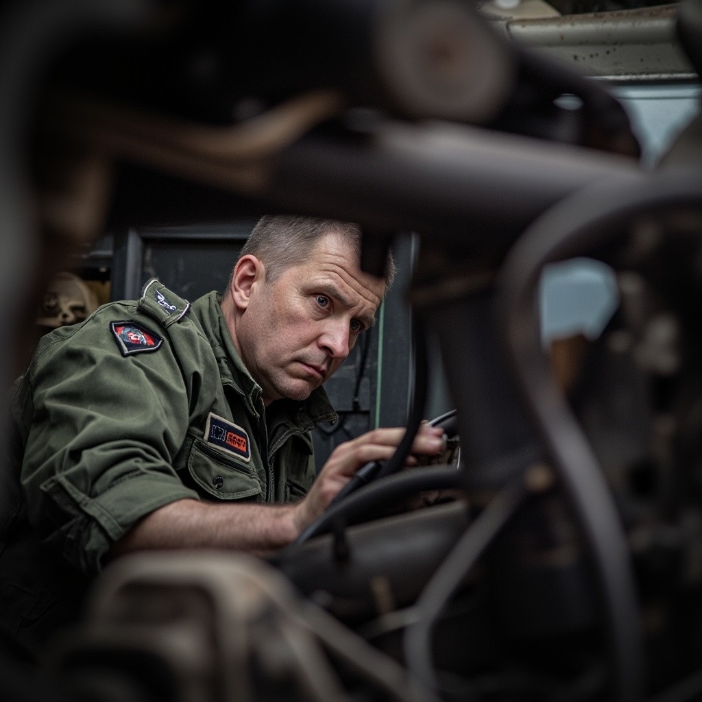 Kazakh or Russian Man Repairing Truck Engine