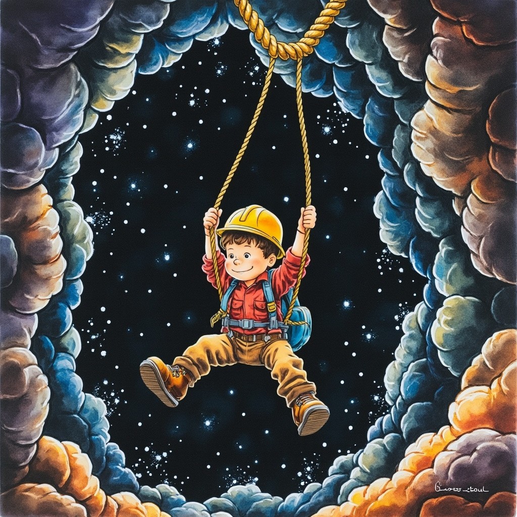Kid Mining in Cosmic Cave: A Watercolor Cartoon