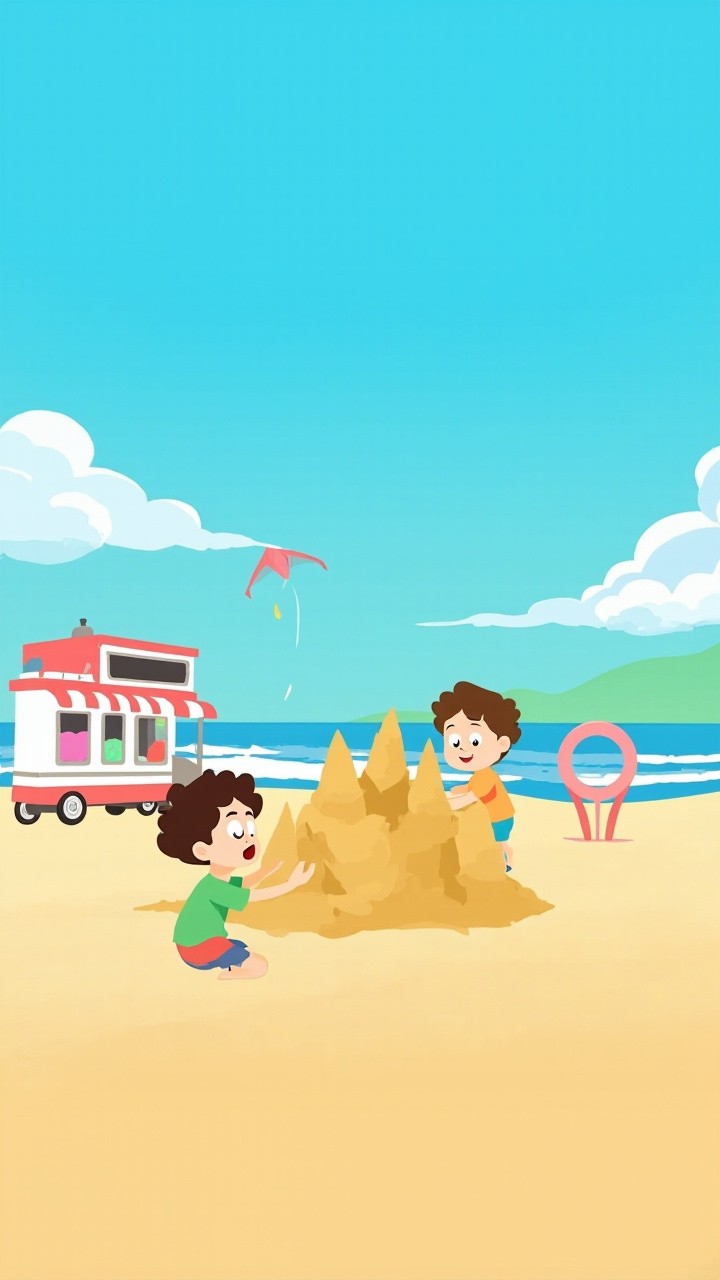 Kids Enjoying Beach Activities with Ice Cream Truck