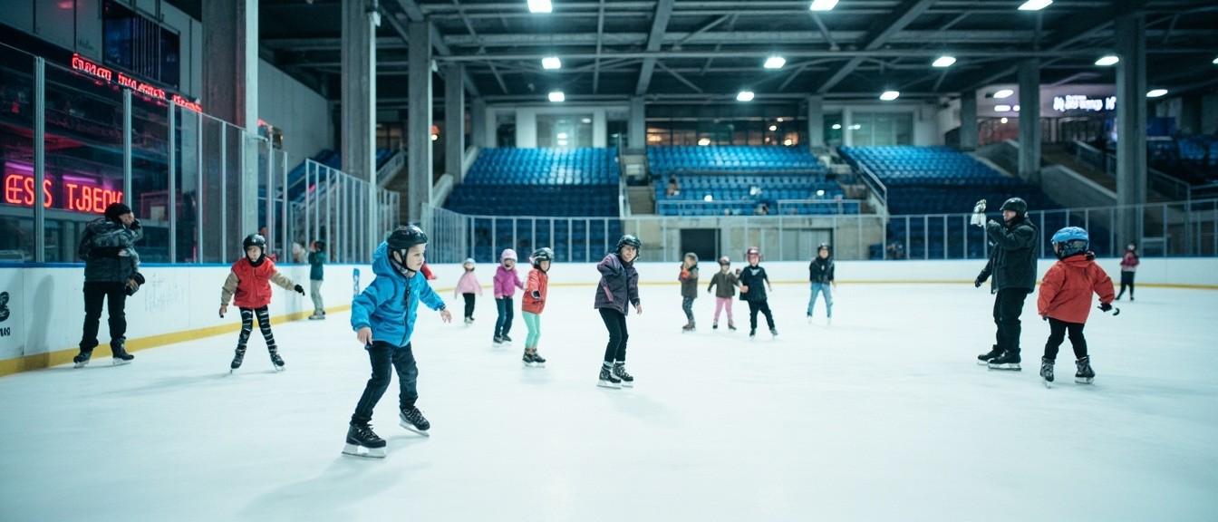 Kids Learning to Skate in Modern Indoor Ice Rink