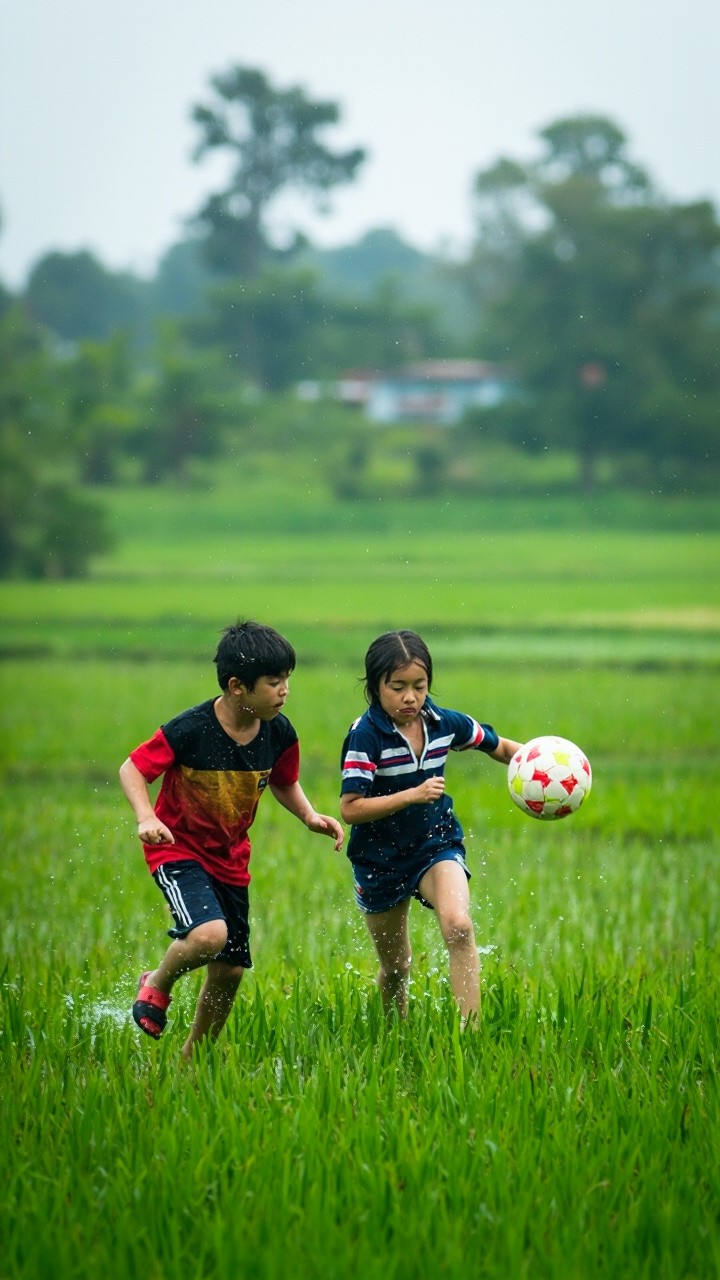 Kids Playing Football in a Rainy Paddy Field