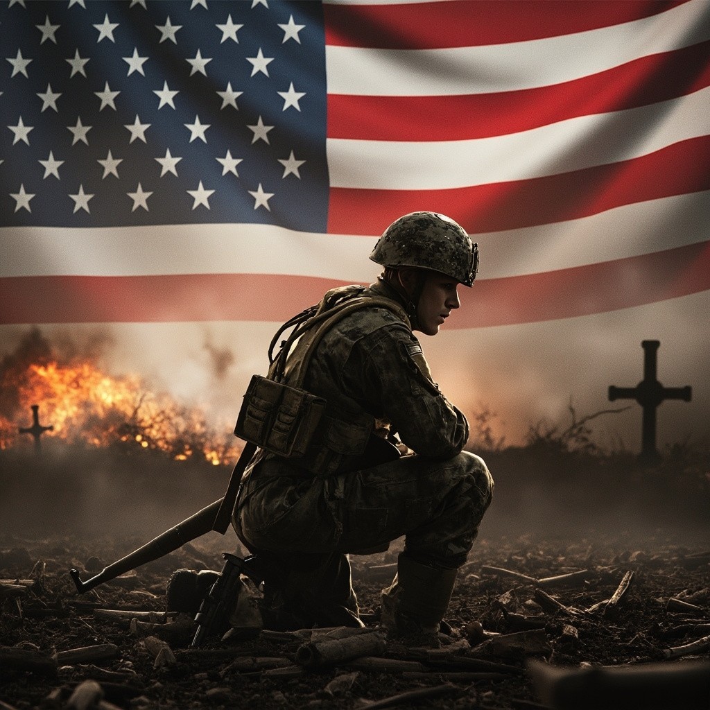 Kneeling Soldier Honoring Battlefield Cross with Flag