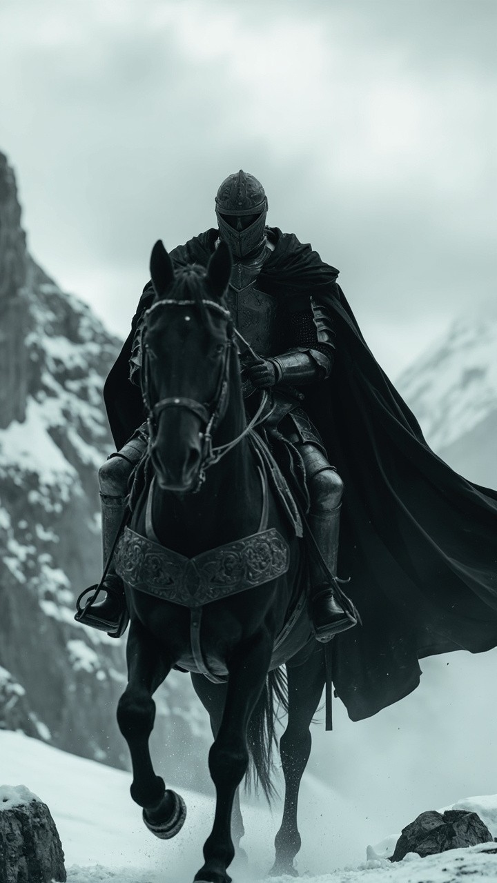 Knight in Black Armor Riding Horse in Snow