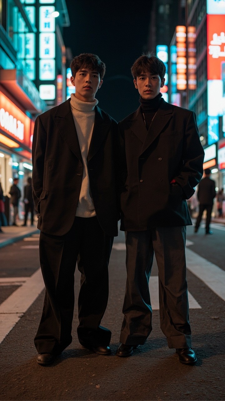 Korean Couple in Street Style, Nighttime Seoul