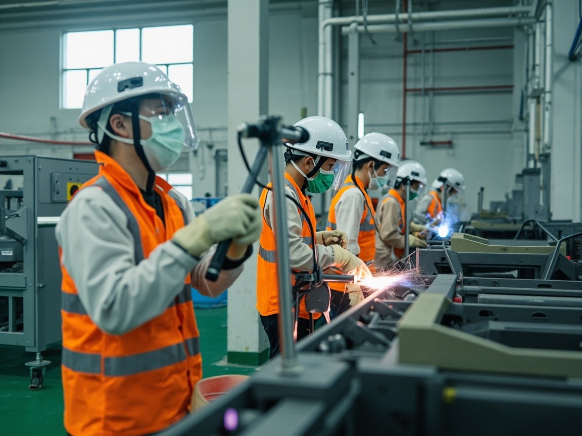 Korean Workers Installing Machinery at Indoor Factory
