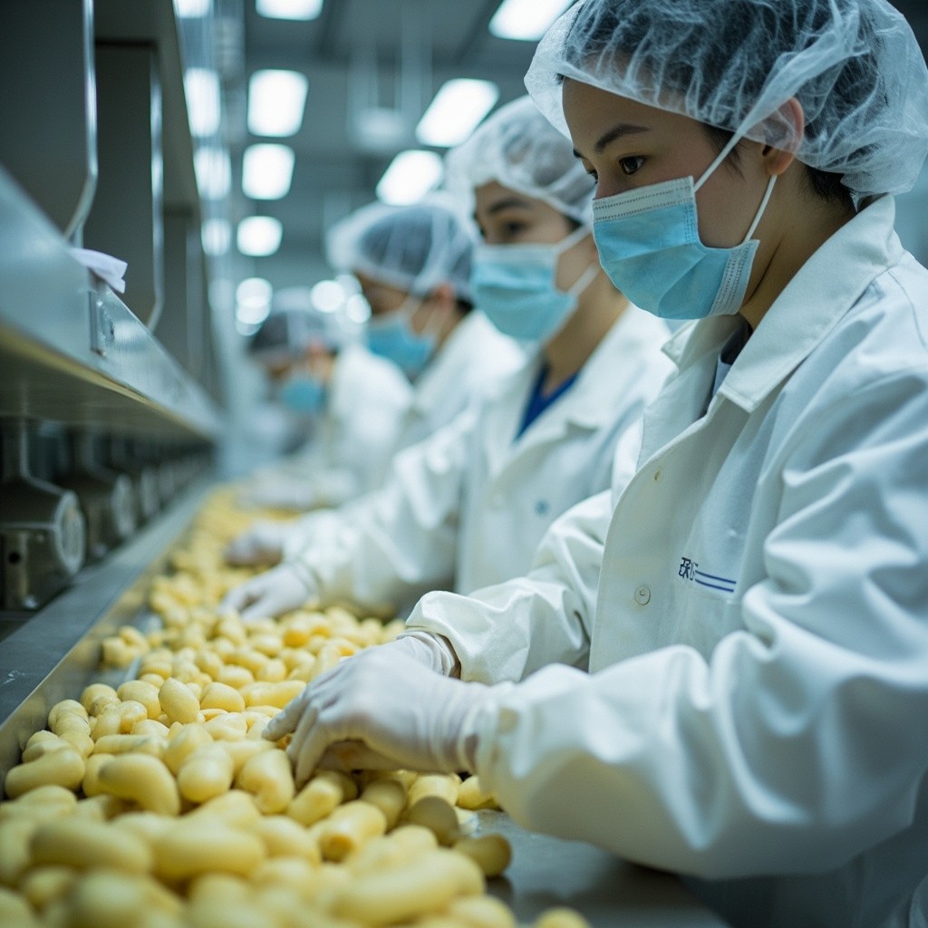 Korean Workers in Clean Suit at Food Factory