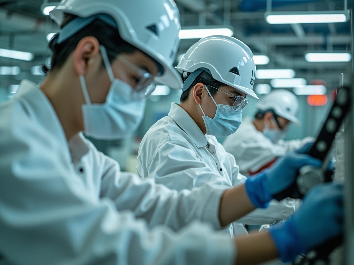 Korean Workers in Safety Gear at Factory