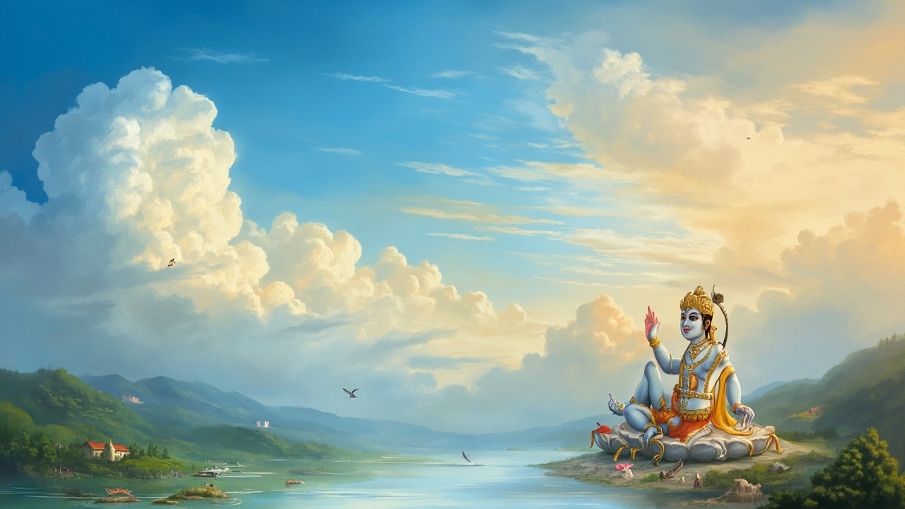 Krishna Bhagwan by the River under Sky and Clouds