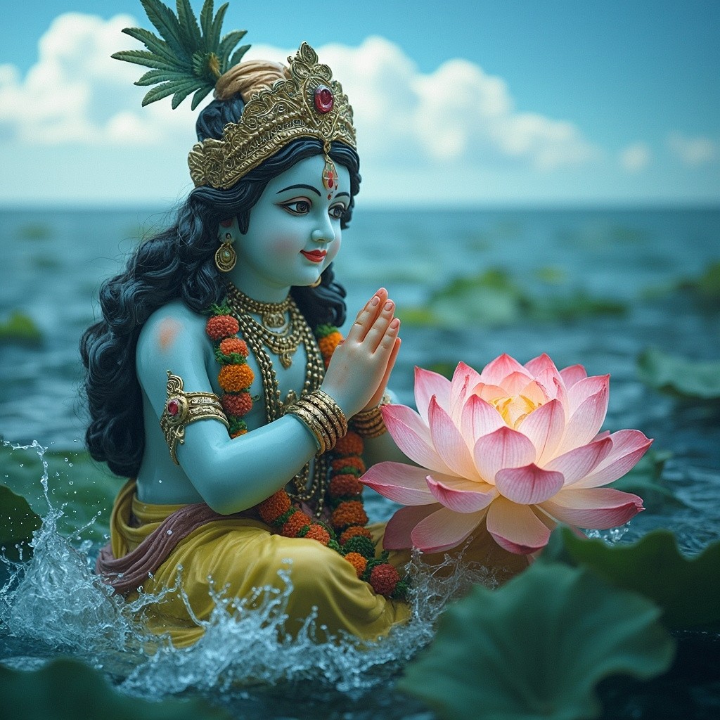 Krishna with Lotus Flower by the Ocean