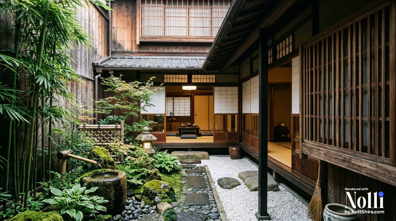 Kyoto Townhouse Courtyard with Timber Lattice Facade & Stone Kyoto Townhouse Courtyard with Timber Lattice Facade & Stone