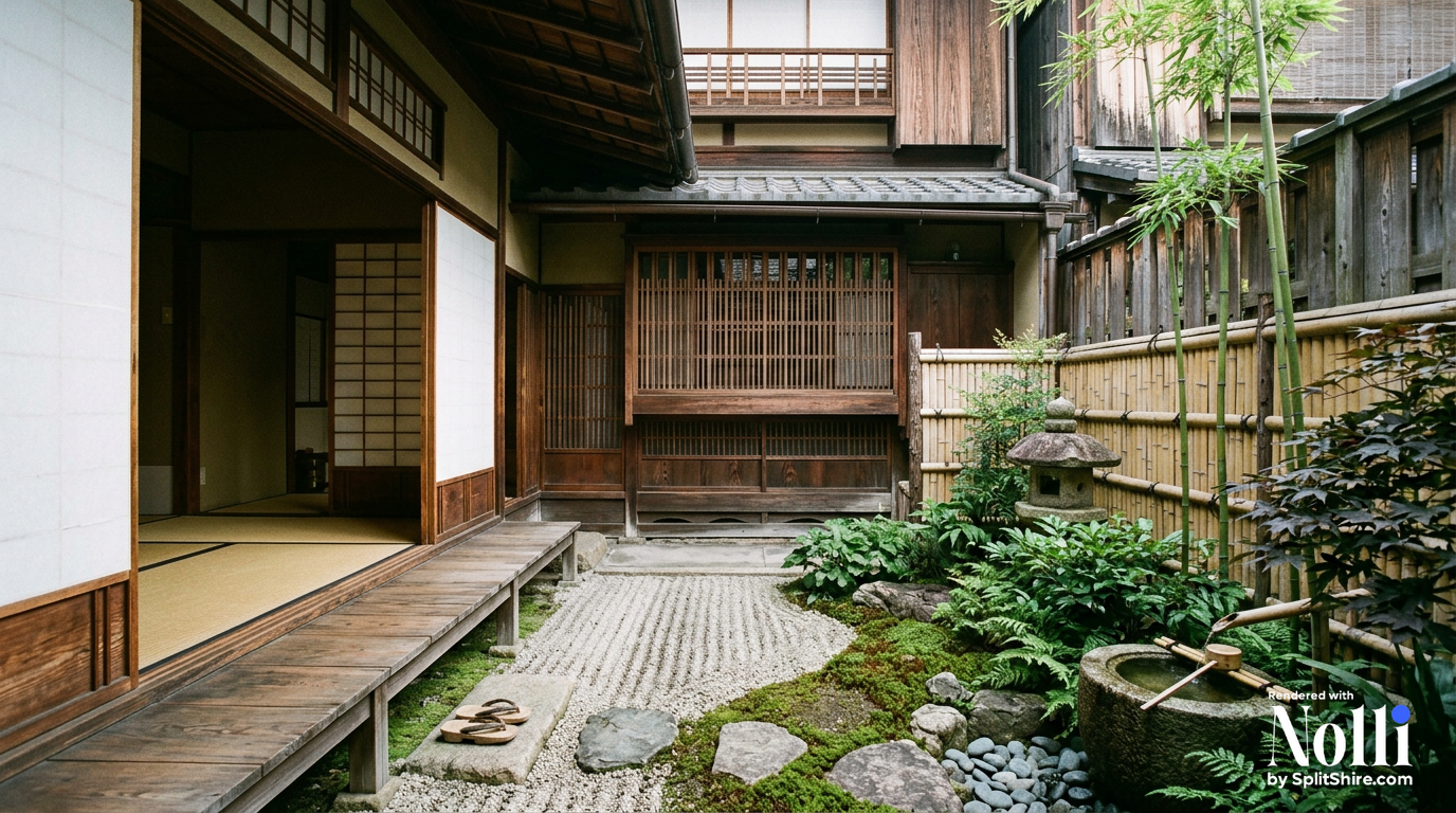 Kyoto Townhouse Courtyard with Timber Lattice Facade & Stone