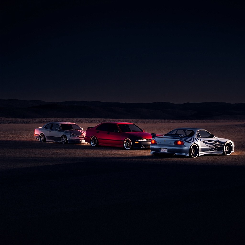LED-Lit Tuned Cars in a Night Landscape
