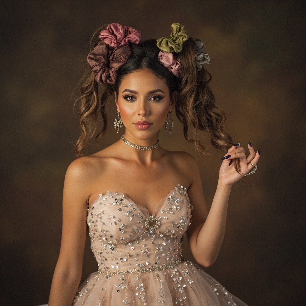 Lady Showcasing Hair and Hand Scrunchies in Gown