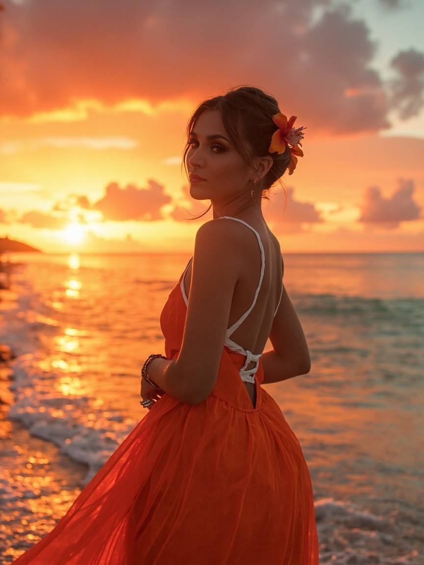 Lady in Elegant Dress at Tropical Beach Sunset