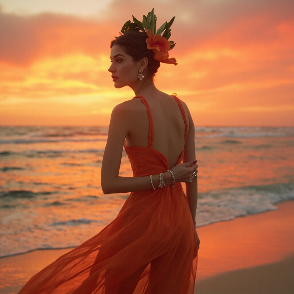 Lady in Elegant Dress on Beach at Sunset