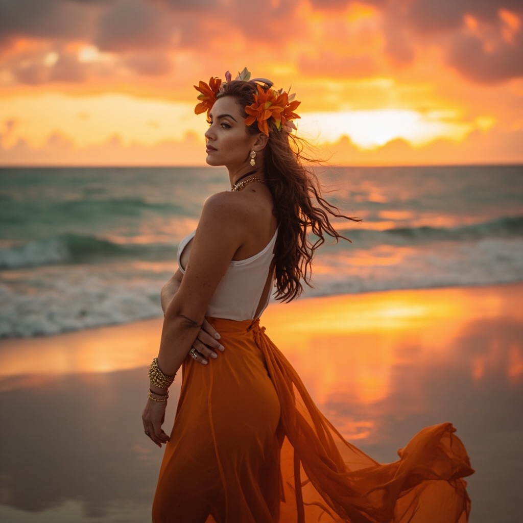 Lady with Elegant Pose on Sunset Beach Lady with Elegant Pose on Sunset Beach