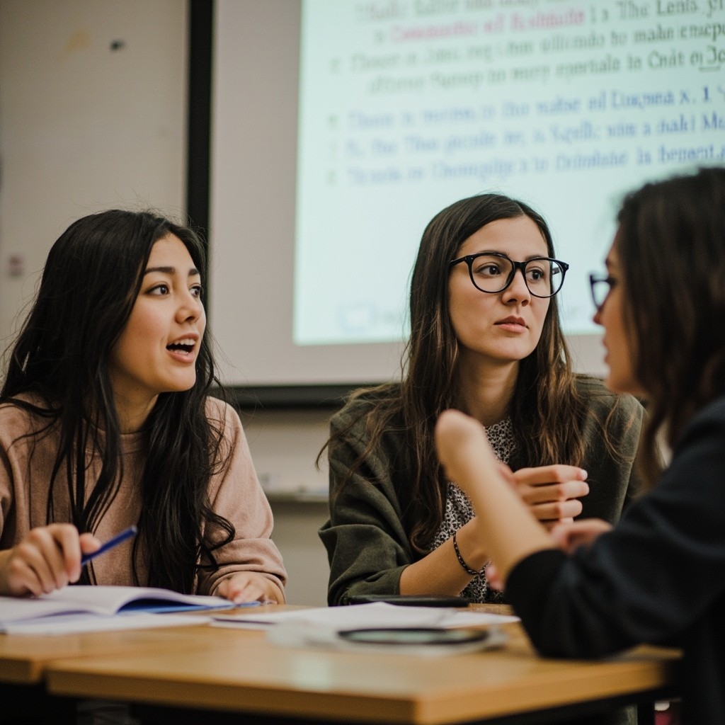 Latinas chatting in front of a Classroom Blackboard