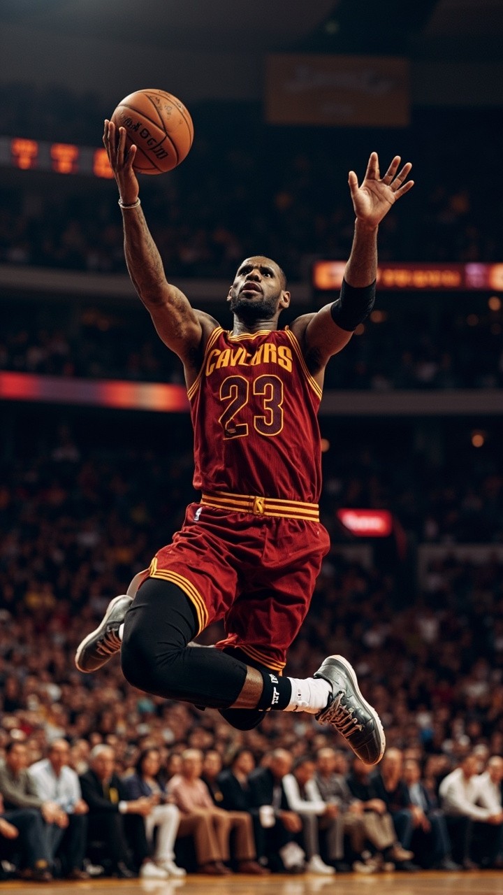 LeBron James Jumping with Ball in Cavaliers Uniform