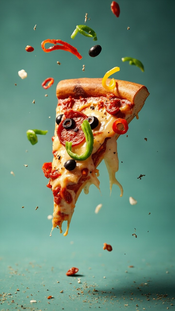 Levitating Pizza Slice with Toppings on Teal Background